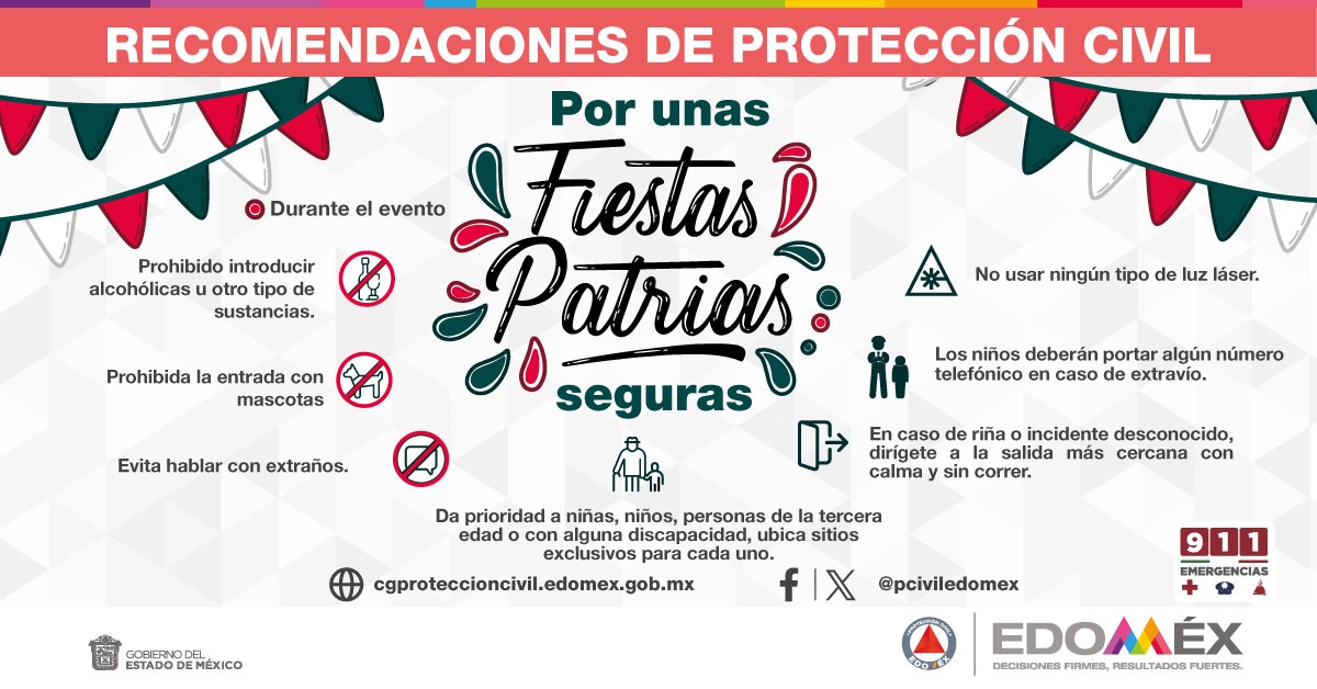 Edomex's tweet photo. Evitemos accidentes durante estas fiestas patrias; para garantizar tu seguridad y la de los demás toma en cuenta las recomendaciones de @pciviledomex. https://t.co/u2gPy5aFNQ