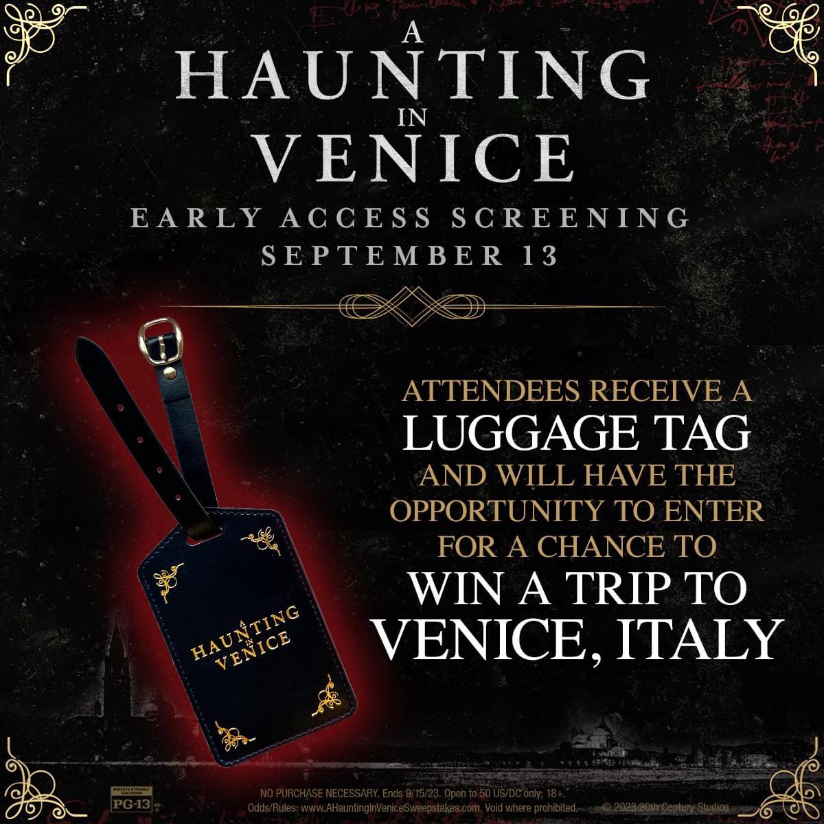 JayBacca_Ten10's tweet photo. What gives @AMCTheatres ? I’m at the early access event to see A Haunting in Venice in Parkway Pointe ATL,they had no info on the free luggage tag? I wanted a chance to win a trip to Italy! Management here were very clueless. How can I now get a luggage tag or enter to win? https://t.co/5Dvetg8TDN