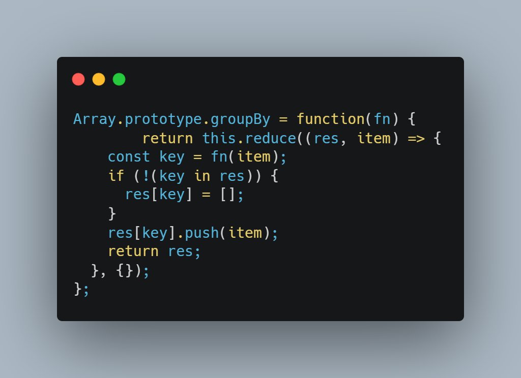 Day: 13
This code defines a new method called groupBy on the Array prototype. This method takes a function as an argument, and it groups the elements of the array by the results of the function.
#AlgorithmSeptember #WebDev #JavaScript #Algorithms
@RebaseAcademy
#30daysAlgo