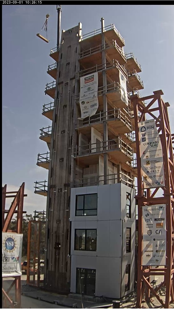 slpei's tweet photo. Today the top 4 stories of the NHERI TallWood building were dissembled. This marked the end of the 10-story test phase. 
After more than 150 earthquake tests, we pass the baton to @BarbosaRDGroup to conduct more tests on the 6-story structure with new lateral systems. Stay tuned! https://t.co/8AHPbPnY2k