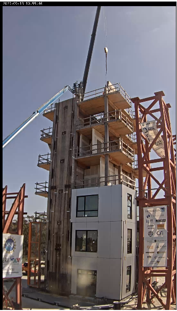 slpei's tweet photo. Today the top 4 stories of the NHERI TallWood building were dissembled. This marked the end of the 10-story test phase. 
After more than 150 earthquake tests, we pass the baton to @BarbosaRDGroup to conduct more tests on the 6-story structure with new lateral systems. Stay tuned! https://t.co/8AHPbPnY2k