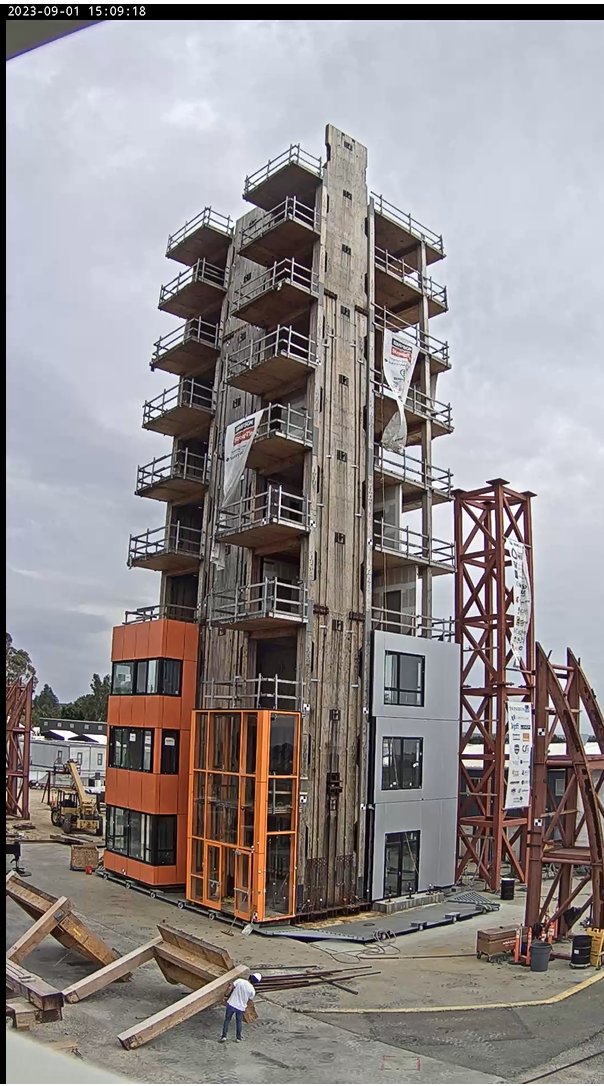 slpei's tweet photo. Today the top 4 stories of the NHERI TallWood building were dissembled. This marked the end of the 10-story test phase. 
After more than 150 earthquake tests, we pass the baton to @BarbosaRDGroup to conduct more tests on the 6-story structure with new lateral systems. Stay tuned! https://t.co/8AHPbPnY2k