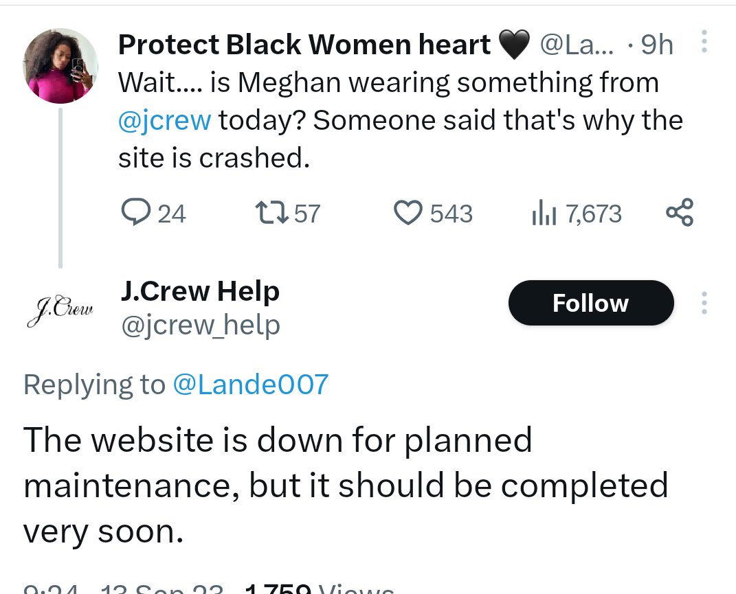 Canellecitadelle on X: 😂😂😂😂😂🤣 These suesex fans are too funny. OMG!  the JCrew website crashed because so many people wanted to buy meg outfits  J crew: No this is planned maintenance. it