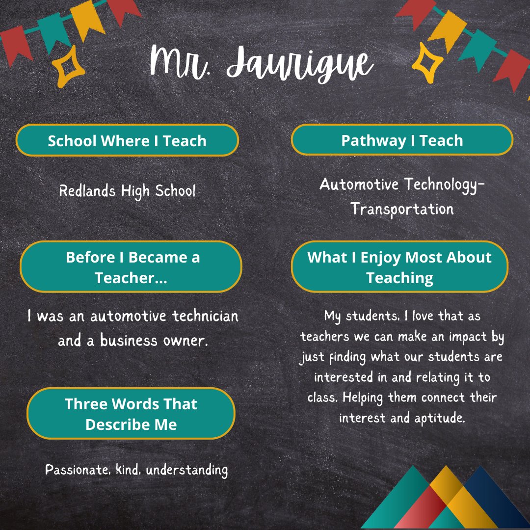 Meet the Redlands High School Automotive Pathway teacher, Mr. Jaurigue!  Mr. Jaurigue brings into the classroom his experience in the automotive industry and as a business owner, fostering a connection between the classroom and real-world experiences. #CRYROP  <a href="/RedlandsUSD/">Redlands USD</a>