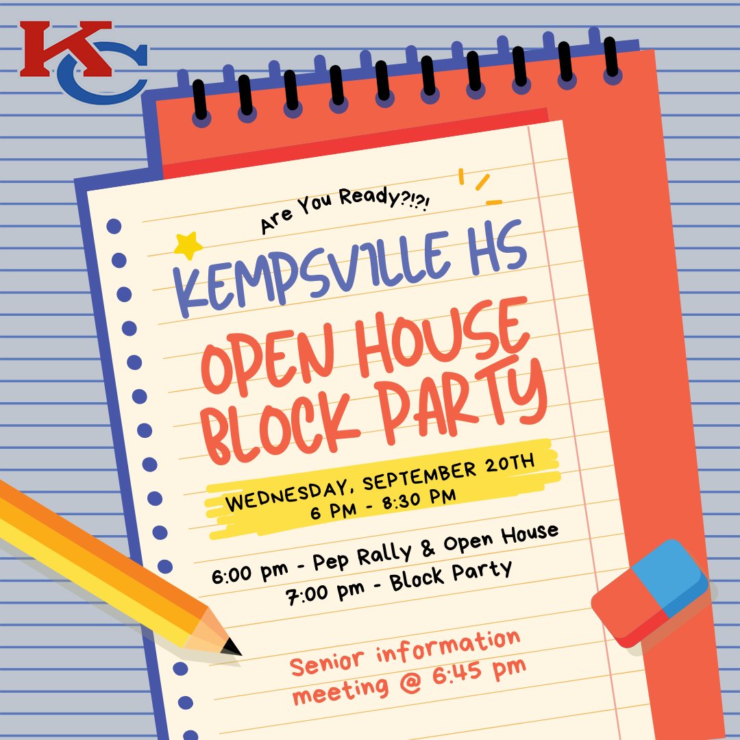 7 days until the KHS Open House Block Party. Attend the Pep Rally & meet your student's teachers during Open House. Then, head to the block party to see the activities KHS has to offer. Visit with community partners, local food trucks, & have a great time with other @KHS_Chiefs!