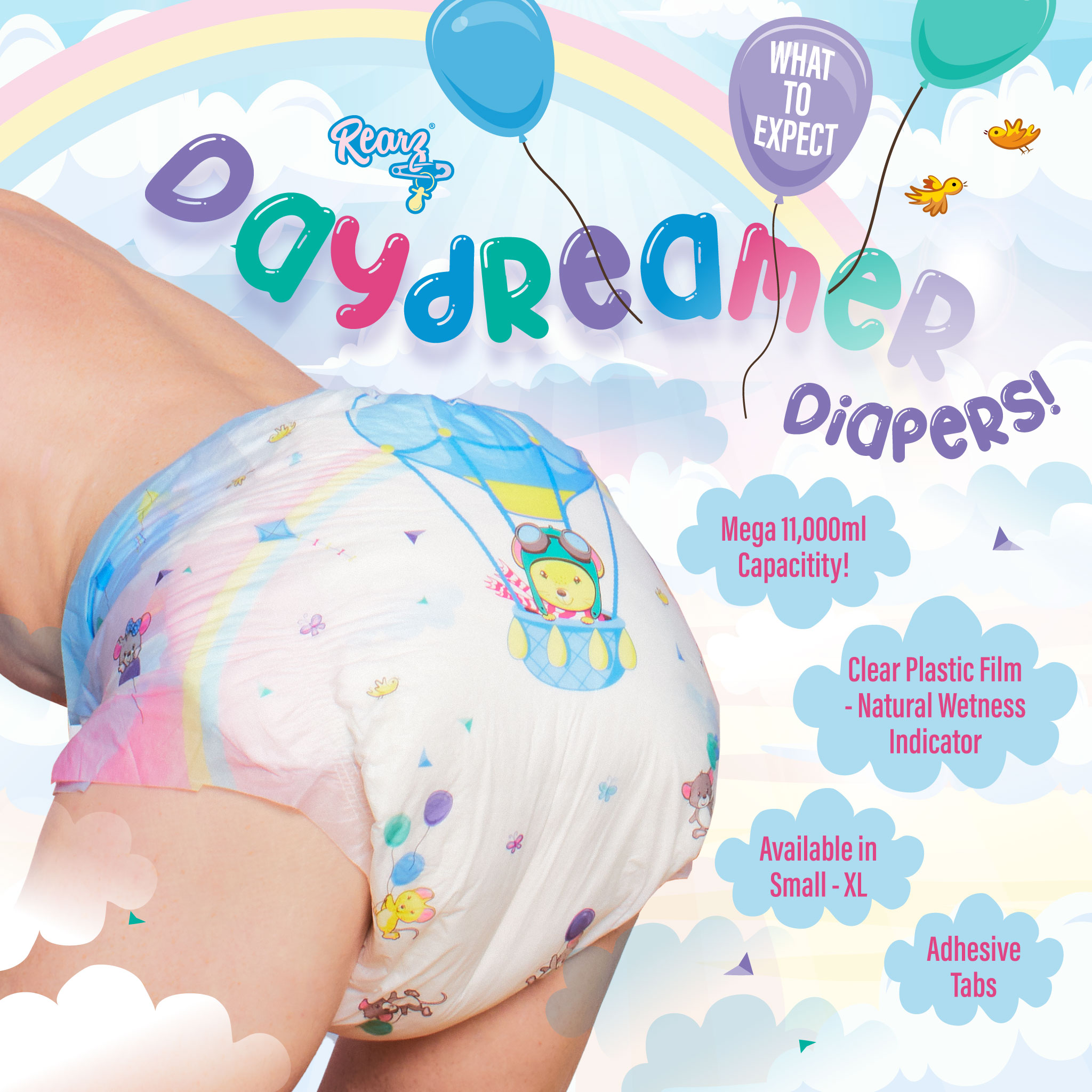 Rearz Inc on X: With the #Rearz Daydreamer diapers arriving, you will  indeed have many questions. 11,000ml capacity Small to XL 4 adhesive tabs  Clear plastic backing, natural wetness indicator. Are you