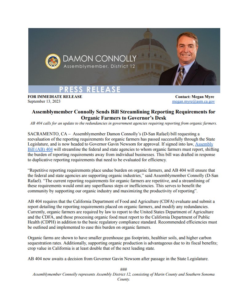 AsmConnolly's tweet photo. #AB404, which will streamline the reporting requirements for organic farmers, has passed successfully through the State Legislature. The bill is now headed to Governor Gavin Newsom for approval! Read more here: https://t.co/s93cwEPaJR https://t.co/tVMsXVozRY