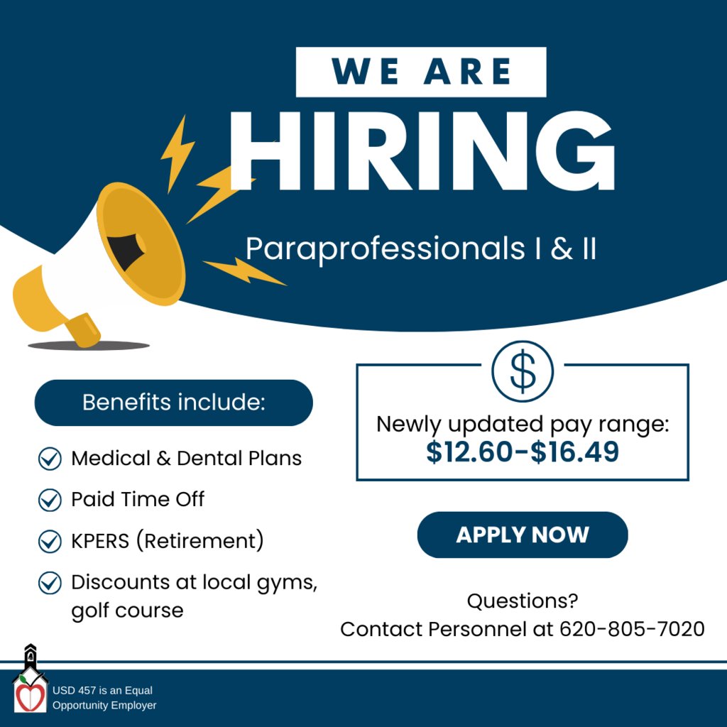 USD457's tweet photo. We are looking for paraprofessionals to assist classroom teachers. New pay rates for Para I &amp; Para II are $12.60-$16.49 per hour. Contact our Personnel Department with questions at 620-805-7020. Apply now at https://t.co/AVUv8MajfG. https://t.co/I6CEvZVJ6H