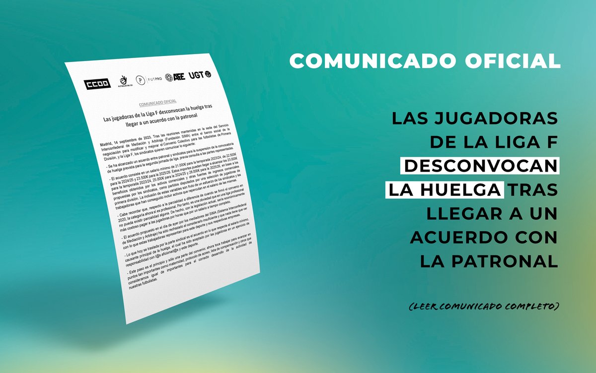 Las jugadoras de la Liga F desconvocan la huelga tras llegar a un acuerdo con la patronal 🤝 Comunicado completo: futpro.es/2023/09/13/las… #ligaf #huelgaligaf #salariodigno #futpro