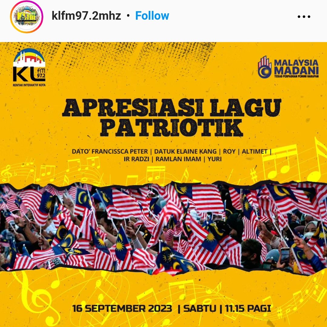 FranticKL's tweet photo. Join us on Malaysia day @KLfm972 .2mhz
Istimewa Hari Malaysia 2023, nantikan Dokumentari Khas APRESIASI LAGU PATRIOTIK bersama-sama Dato' @francissca_peter #DatukElaineKang #Roy #altimet #irradzi #RamlanImam #Yuri, pukul 11.15 PAGI, 16 SEPTEMBER 2023 SABTU https://t.co/Kbfj89TCZN