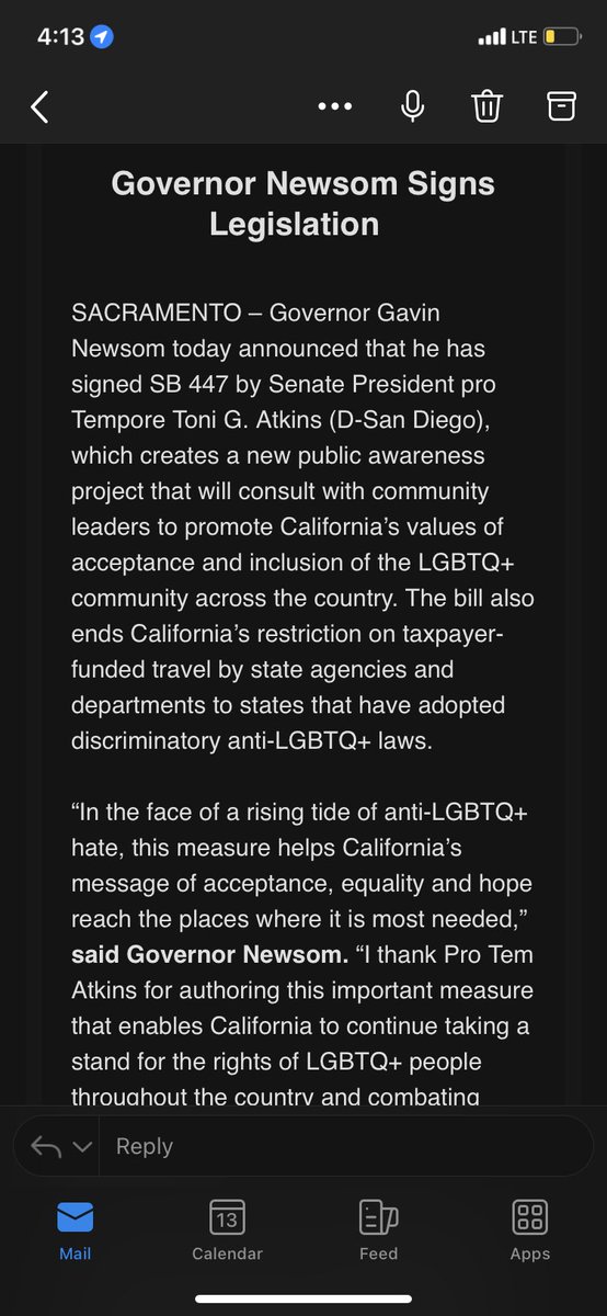 BREAKING — @GavinNewsom signs #SB447, ENDING California’s state-sponsored travel ban to states that have anti LGBTQ laws. #Caleg
