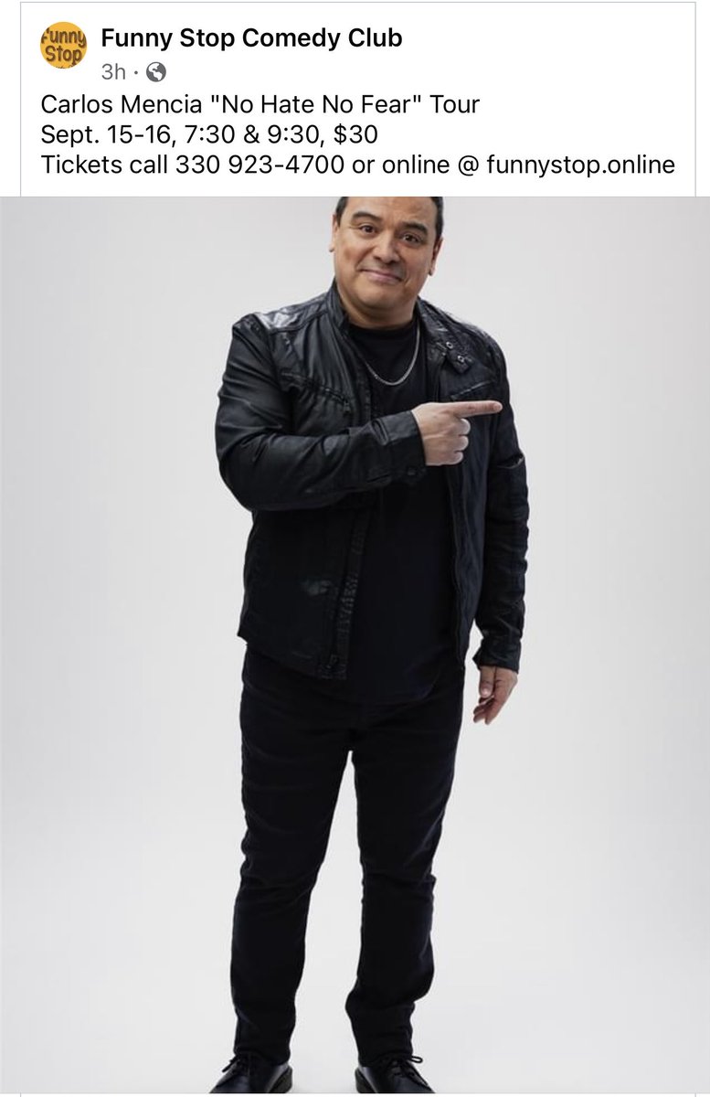 Nidal1971's tweet photo. Carlos Mencia at Funny Stop for 2 days only ! Sep.15 and 16  call the office for Reservation at 330-923-4700 https://t.co/7j6r21fJQ8