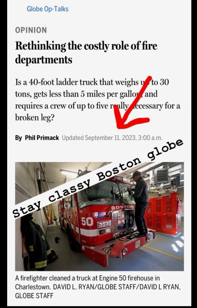 BostonFRU's tweet photo. Daily reminder of how shameless the @BostonGlobe is…. Back to hating on First Responders &amp; even including the fire fighters now? Shameless and classless. https://t.co/HjnxfWPozj