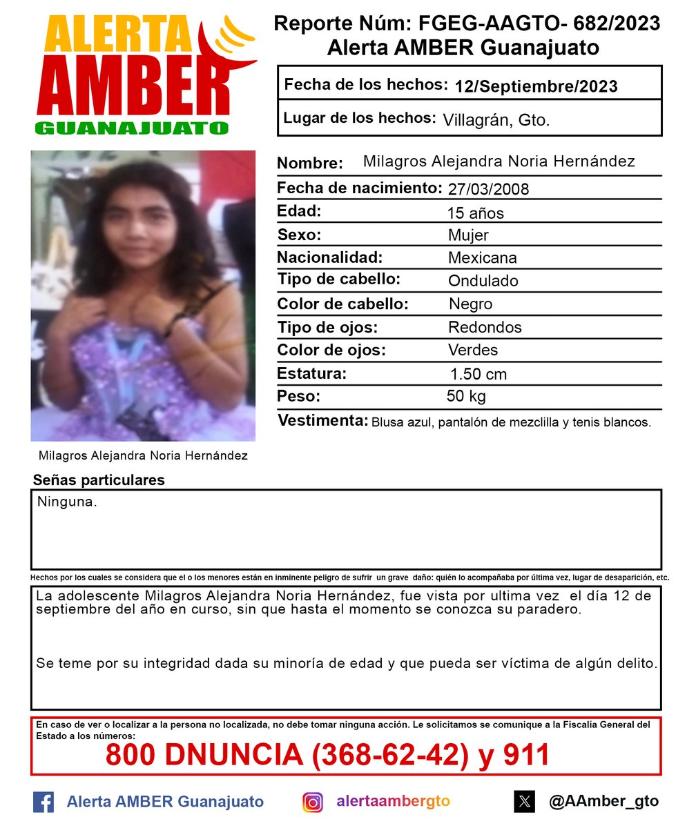 AAMBER_gto's tweet photo. Activación de la Alerta AMBER Guanajuato de la adolescente Milagros Alejandra Noria Hernández de 15 años de edad, Villagrán, Gto. ¡Ayúdanos a localizarla! https://t.co/LNxcYckDyK