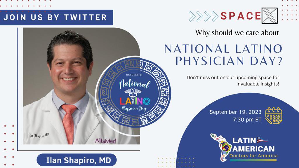 🔊 Did you know that only 6% of physicians are Latinos in US? 📊 🎯Having Latinos better represented in medicine is necessary for our communities and for the future of medicine in the United States.🩺🔑 🗓️Join us September 19, 7:30 pm ET @dr_shaps will help us create awareness‼️
