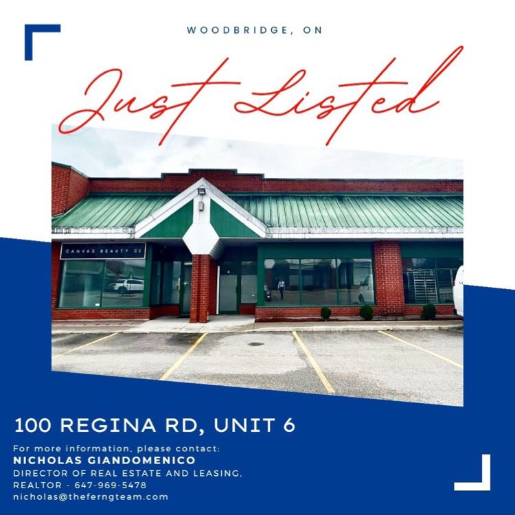 TheFernGTeam's tweet photo. #FORLEASE
📍 100 Regina Rd, Unit 6
Woodbridge, ON

🔷 Contact: Nicholas Giandomenico, Realtor
Director of Real Estate and Leasing
📞 647-969-5478

The FernG Team - Intercity Realty Inc.,
 416-798-7070 
#commercialrealestat #woodbridgerealestate #vaughan  #commerciallease https://t.co/wNtGAzQr9M