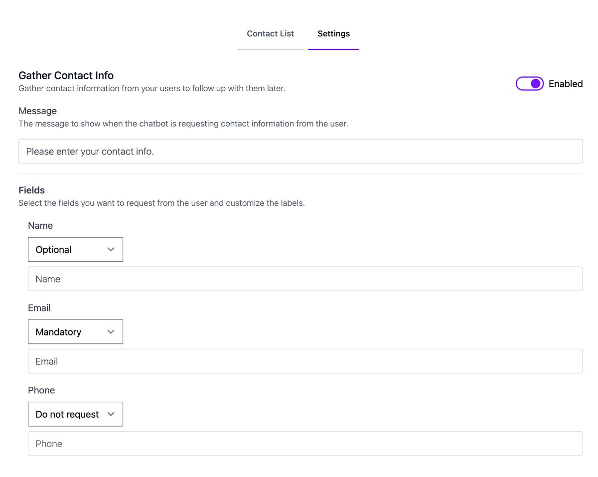 ngranja19's tweet photo. And one of the most requested features:
📋 Gather User Info - A nifty way to collect contact details before diving into Q&amp;A. 

✅ Choose mandatory, optional, or hide fields: Name, Email, Phone. 
🌍 Edit labels for any language support. 
💾 Export gathered info in CSV or JSON. https://t.co/DGi5uuv0VC