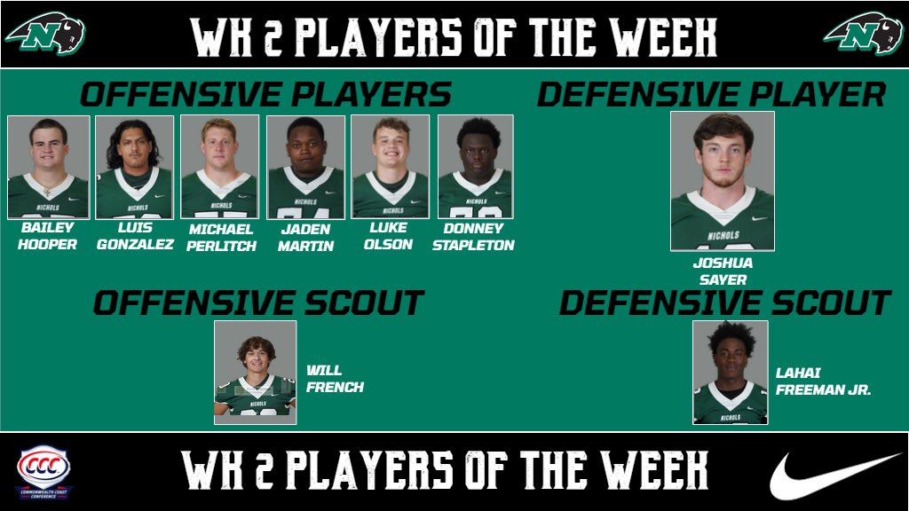 NicholsBisonFB's tweet image. Shout out to these Bison Winning Players of the Week🦬🦬🦬

B. Hooper
L. Gonzalez
M. Perlitch
J. Martin
L. Olson
D. Stapleton
J. Sayer
W. French
L. Freeman JR.