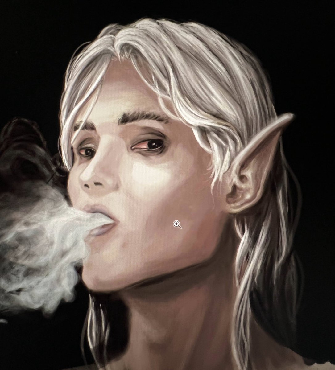 Been working on a portrait for my drug-addled shadow elf from our show, Legends of the Old Kingdoms. Incidentally, said show begins in 20 minutes. Join us! 

twitch.tv/heathencantina