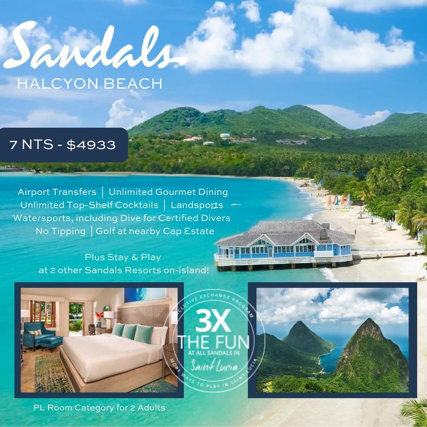 Think you might need a vacation after the holidays this year?  This 777 weekly offer should help with that.
Travel dates: Jan 1-8, 2024
Price for 2 adults: $4933

Ring in the New Year St. Lucia style @ cozy Sandals Halcyon. #VacationRecovery #GetOutThere #SandalsHalcyonBeach
