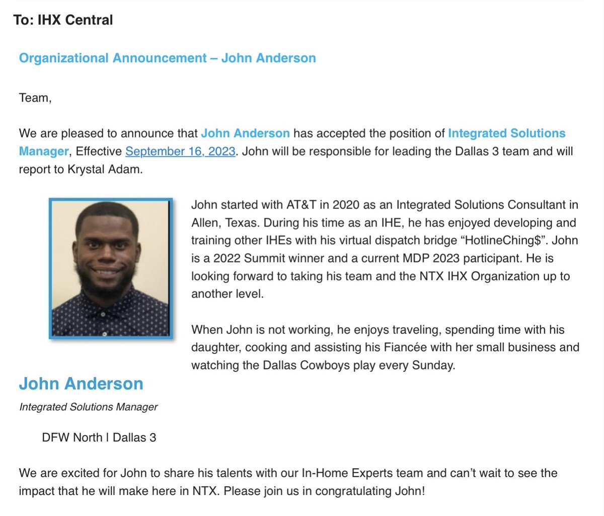 John Anderson (@johnntx) on Twitter photo Hard work and dedication really pays off. Super excited for this opportunity. I can’t thank my support system <a href="/theNTXJas/">Jasmine Anderson</a> and <a href="/dreagonz14/">Andrea Gonzalez</a> enough for the time they spent with me to get me to this point. Also Team Xplosive and <a href="/1edarius/">Ledarius Chitman</a> for keeping me on my P’s and Q’s 🙏🏿#LifeatATT Hard work and dedication really pays off. Super excited for this opportunity. I can’t thank my support system <a href="/theNTXJas/">Jasmine Anderson</a> and <a href="/dreagonz14/">Andrea Gonzalez</a> enough for the time they spent with me to get me to this point. Also Team Xplosive and <a href="/1edarius/">Ledarius Chitman</a> for keeping me on my P’s and Q’s 🙏🏿#LifeatATT