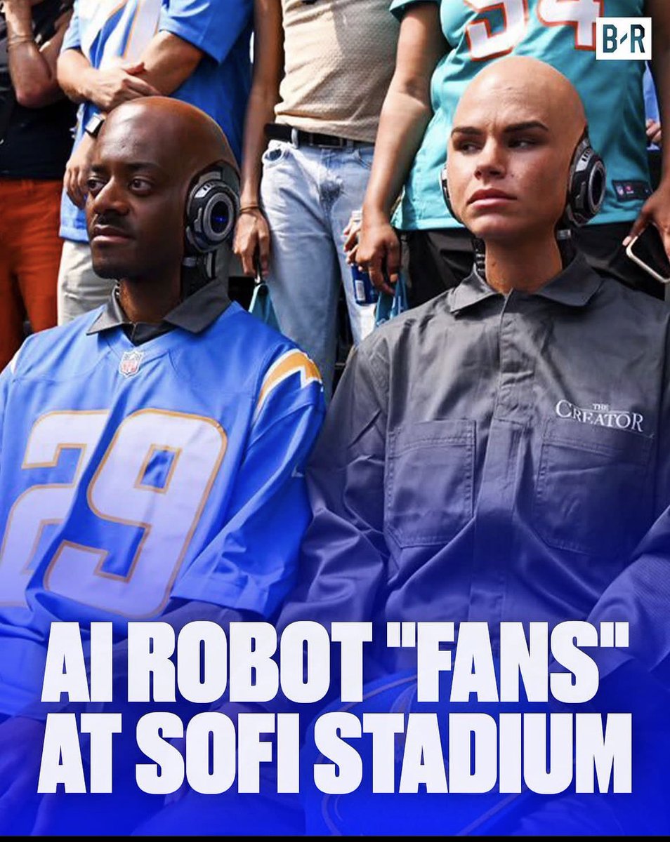 __OnlyOne_1's tweet image. “At an NFL game, Al robots from the upcoming movie &quot;The Creator&quot; made a striking appearance!
Positioned in the stands at a Chargers and Dolphins game, these robots, part of a unique advertising strategy for the movie, looked incredibly realistic and impressed evervone!” #AIrobots…