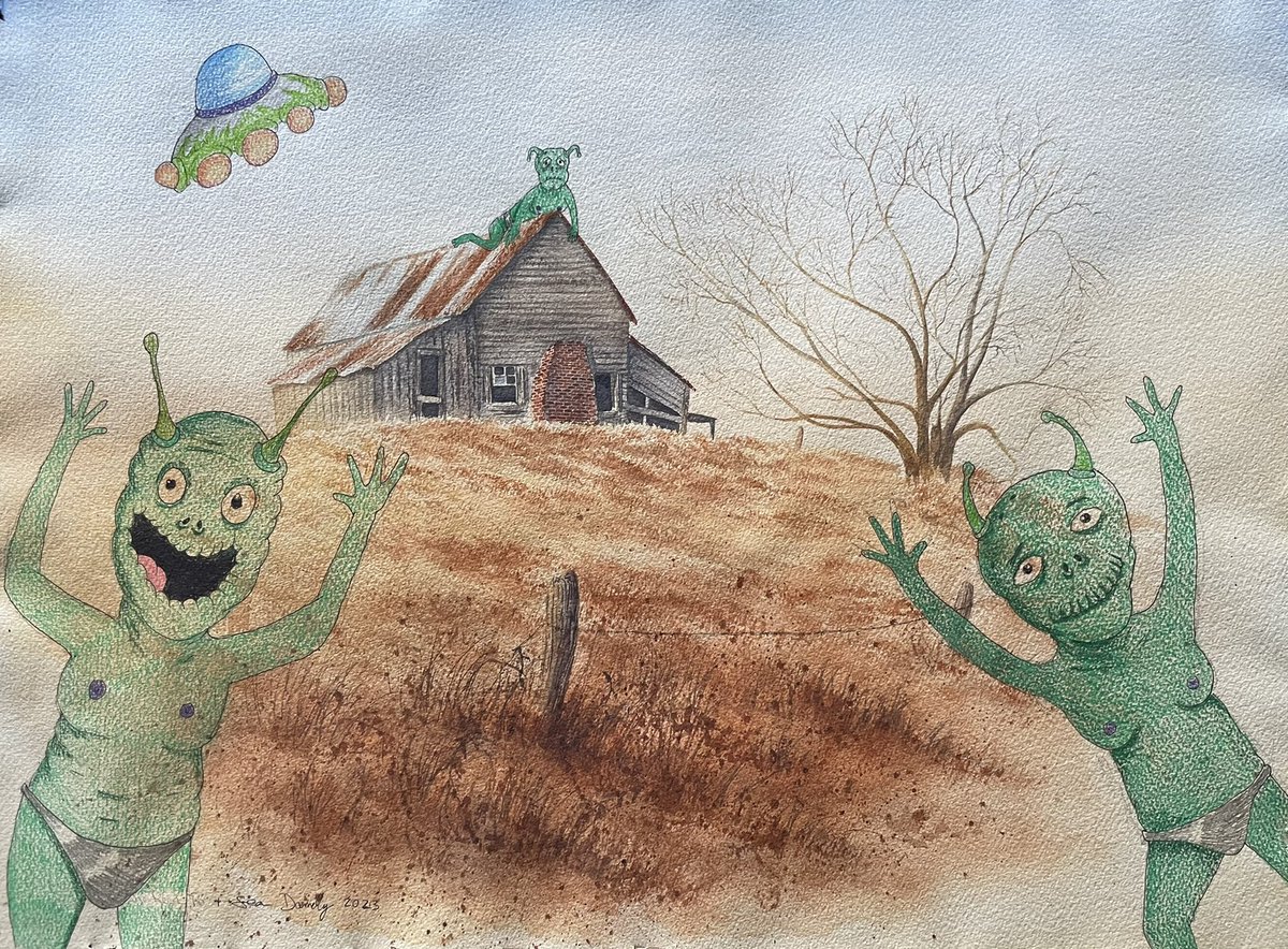 I made this for my neighbor’s brother who is apparently a Jeff &amp; Some Aliens fan. I drew them into this painting I got from the thrift store. Haven’t drawn these guys in a hot second so please excuse any wobbliness.