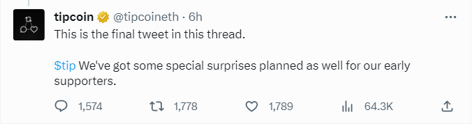 bGum's tweet photo. Massive updates today by the @tipcoineth team! With a sneaky note at the end of their thread! 😳

Quoted: ' $tip We've got some special surprises planned as well for our early supporters.'

Early supporters of $tip will be greatly rewarded, excited to see what's in store for us! https://t.co/enkbftFLbJ