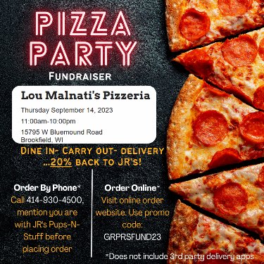 JRsPupsNStuff's tweet photo. Pizza for pups @LouMalnatis in Brookfield tomorrow! https://t.co/kWuqpqm24S