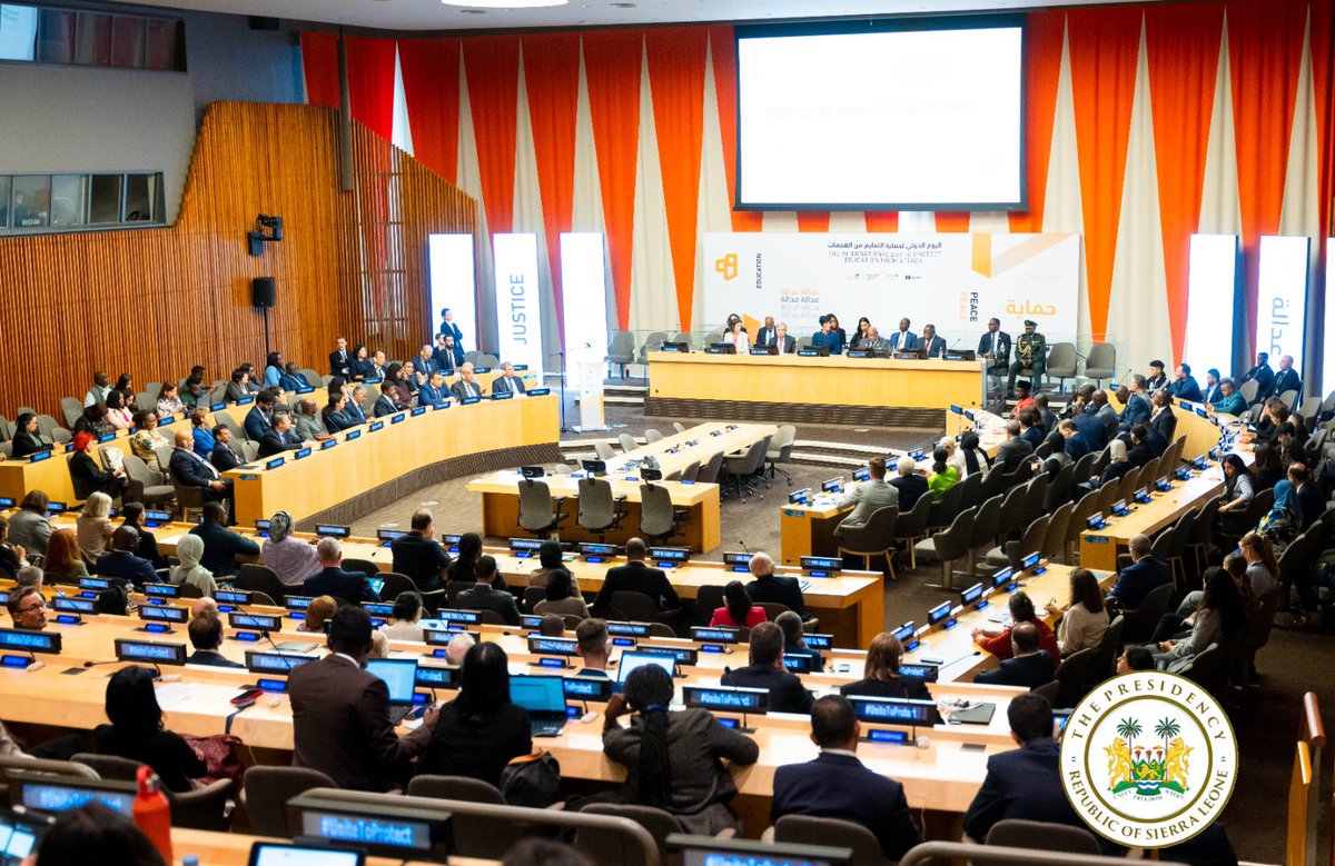 julius_maadabio's tweet photo. Today, I joined the @UN Secretary-General @antonioguterres, #UN General Assembly President Dennis Francis, Her Highness Sheikha Moza bin Nasser, Chairperson of @EAA_Foundation, victims of attacks on education, and other key stakeholders as the Keynote Speaker at the High-level Observance of the Fourth International Day to Protect Education from Attack. 

It was the opportunity to share insights on the attack on education caused by the regrettable decade-long civil war in #SierraLeone and the positive strides we've made to protect #education and get “Justice for Victims”.

I highlighted the crucial role of education in nation-building and resilience and urged the global community to #unite, #protect, and prioritise education for every child, especially in conflict zones.

My Government continues to pursue universal access to education in a safe environment as a fundamental human right. Our data-driven policies and actions on education and radical inclusion have continued to gain global traction, and we will redouble efforts towards building our human capital base through our Free Quality School Education Programme. 🇸🇱🌍📚 

#UniteToProtect