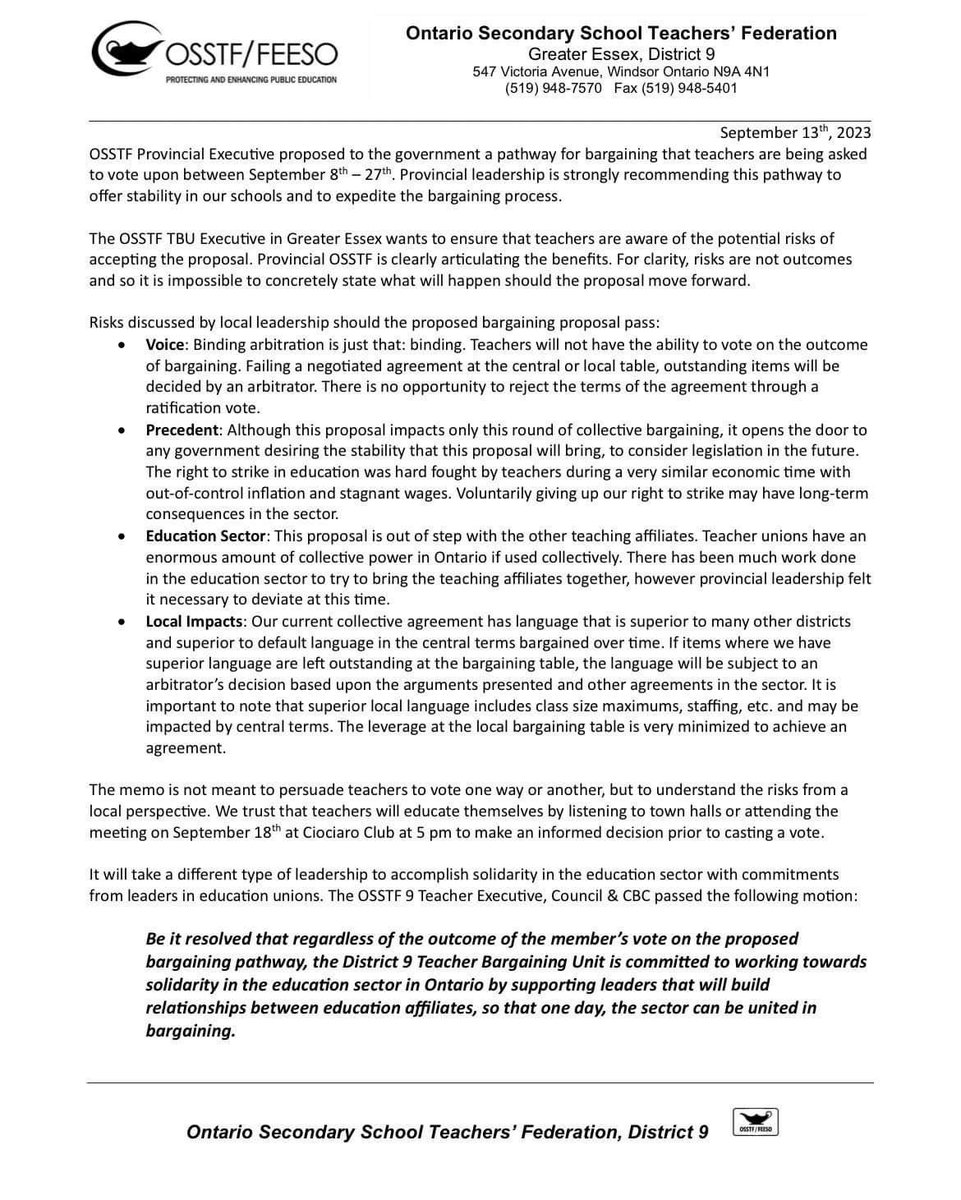 #OSSTF District 9 Teacher Bargaining Unit advises members of risks associated with supporting the proposal to trade the right to strike for binding interest arbitration, calls for solidarity with other education unions. #onted #canlab