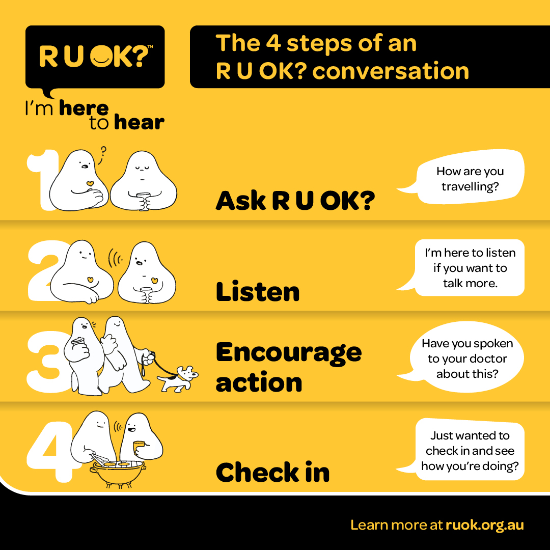 Asking 'R U OK?' could change a life. You don't need to be an expert to have a #RUOK conversation. Giving someone your time might be just what they need to help them through. For legal help or information, call our Free Legal Helpline on 1300 366 424.