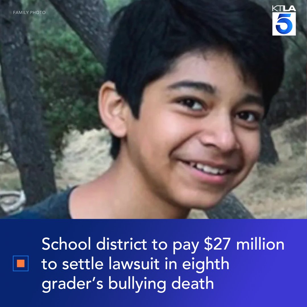 KTLA's tweet image. The Moreno Valley Unified School District will pay $27 million to the family of Diego Stolz, who died in 2019 after he was attacked by two bullies on school campus, despite multiple complaints to school administrators. trib.al/jGgoqIo