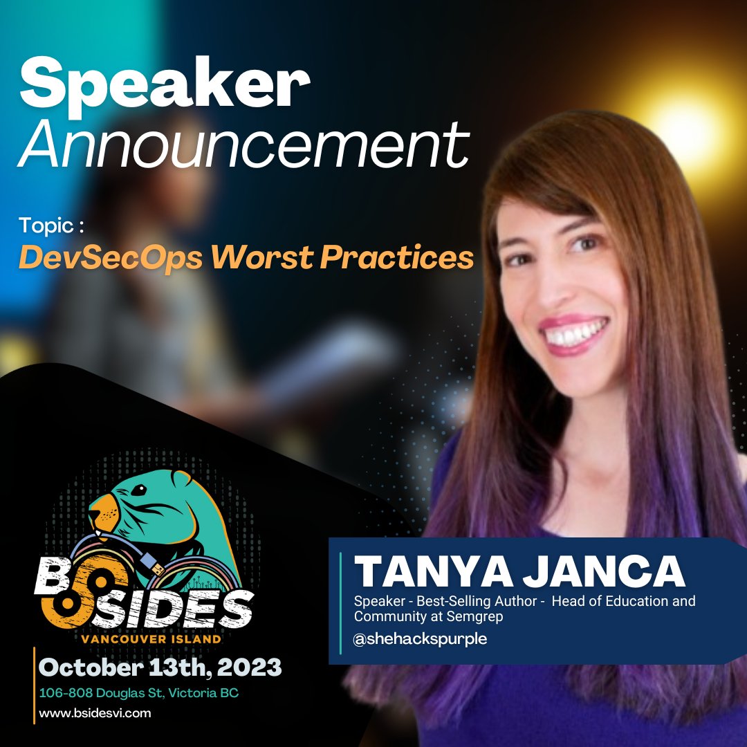 SPEAKER ANNOUNCEMENT: Tanya Janca @shehackspurple , the best-selling author of ‘Alice and Bob Learn Application Security’ and fellow Islander, is coming back to our event! She will be presenting her 'DevSecOps Worst Practices' talk, you won't want to miss this! Get your Tix!