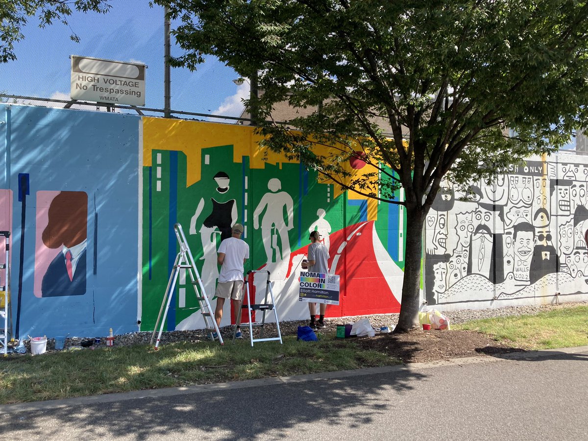 wmata's tweet image. Hurry! Only a few days left to see the NoMa in Color Mural 🎨 at Alethia Tanner Park along the Metropolitan Branch Trail. Catch the artists in action until September 15th. #artintransit #NOMABID #wmata