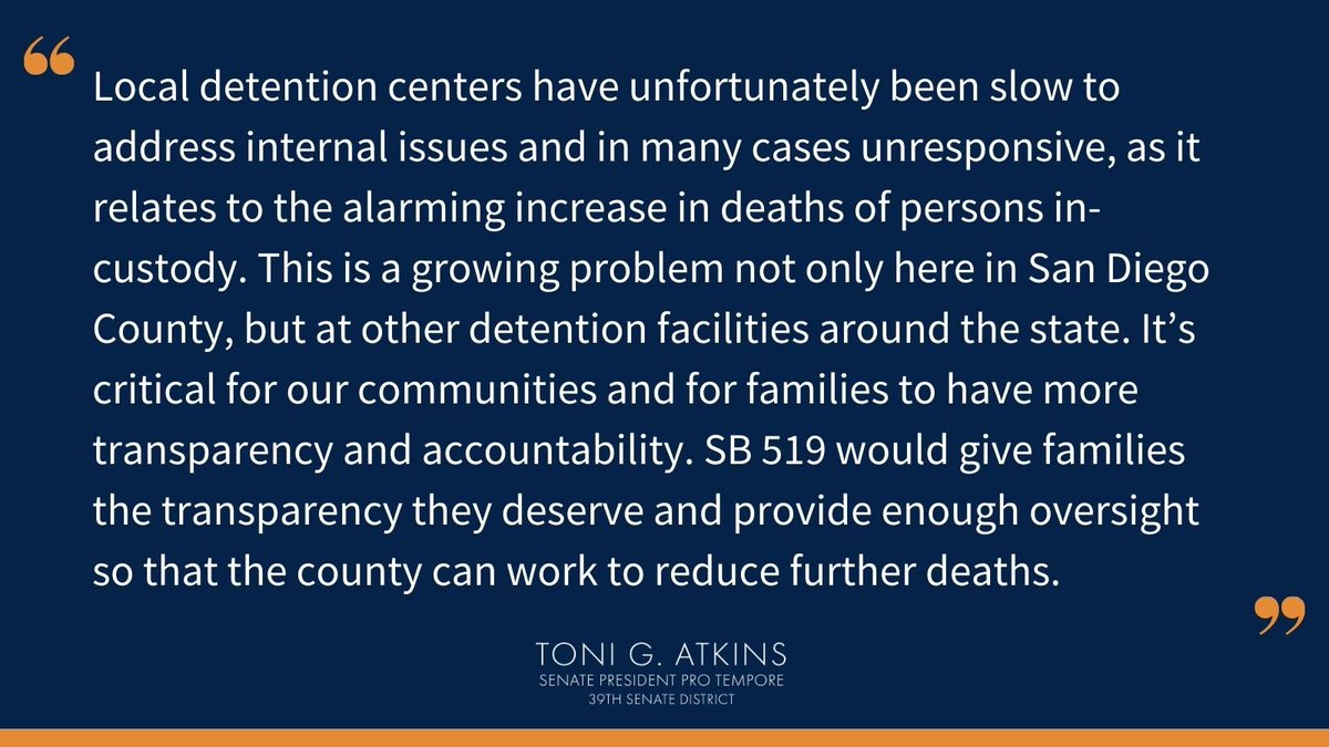 SenToniAtkins's tweet photo. Thank you, #CALeg colleagues, for passing my #SB519, which seeks to improve outcomes in our jails by increasing oversight of local detention centers and requiring transparency when jail deaths have occurred. More information → https://t.co/wqzfSeGr7Q https://t.co/msISc8dpNN