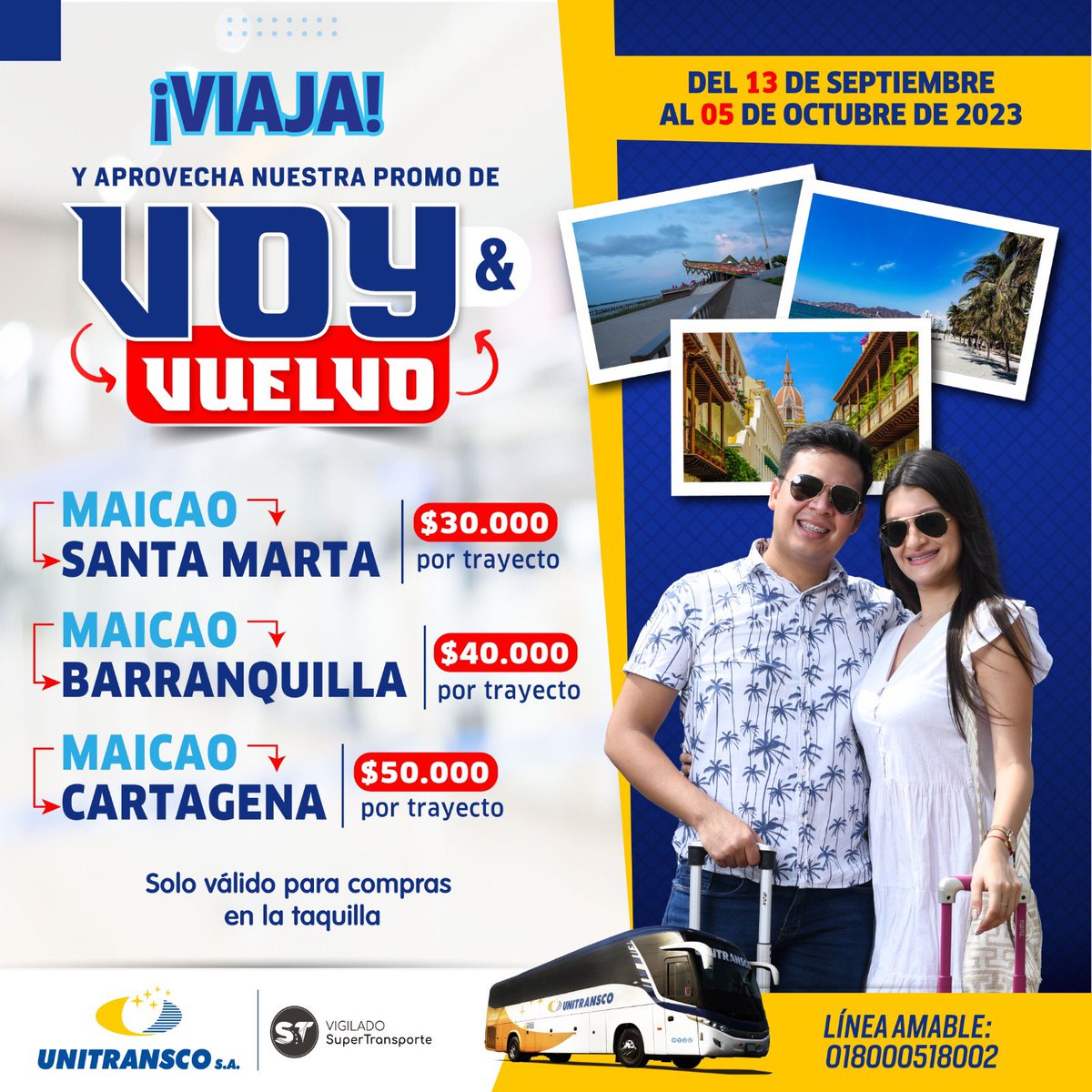 ¡Celebramos los #59AñosUnitransco con promo #VoyYVuelvo! 🔁

🗓️Promoción válida hasta el 05 de octubre de 2023.

☝🏻Sólo para compras en TAQUILLA. 

*Aplican T&amp;C.