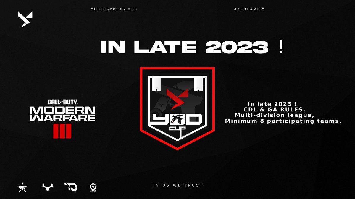 YoDCupCOD's tweet photo. 🏆 La #YoDCup - COD EU Championship sera de retour sur #MWIII avec sa ligue multi-division !
8 à 32 slots d'équipes max pour commencer. 

~ Contacts ~
📩E-mail : cup@yod-esports.org
🌍Discord : https://t.co/FGu5ouqTMU

#YoDFamily ⚡ https://t.co/TjNebSK8nQ