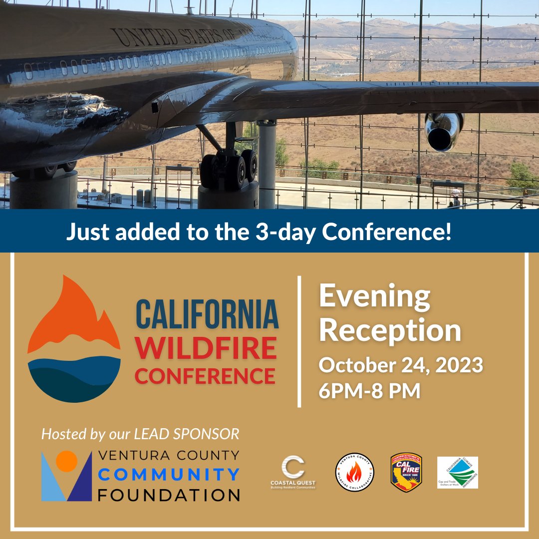 We’ve just added an ✨ EVENING RECEPTION ✨ to the inaugural California Wildfire Conference, brought to you by our LEAD SPONSOR, <a href="/VCCFoundation/">Ventura County Community Foundation (VCCF)</a>!

#CAWildfire23 #CAClimateInvestments #CapandTrade #CAClimateInvest #WildfirePrevention

(1/3)