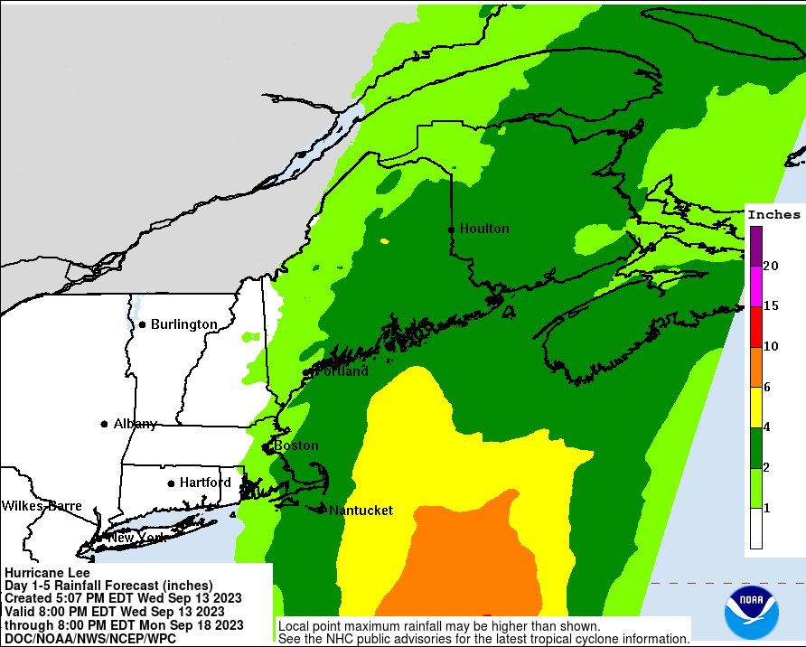 AnthonyDuarte03's tweet image. A life/threatening storm surge is possible for #CapeCodBay and #Nantucket, #Massachussets where inundation of up to 4 feet could occur. 1-6” of rain are possible from #RhodeIsland north and east to #Maine and #NovaScotia. 

#Lee