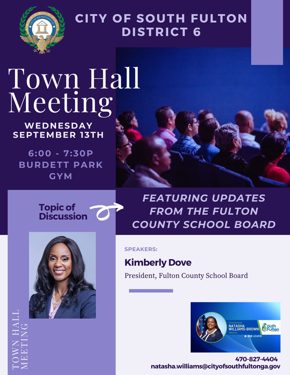 Wonderful Wednesday, Join the City of South Fulton District 6 Councilwoman Williams-Brown tonight for a Fulton County Schools Update tonight at 6 pm. #ExpectTheBest