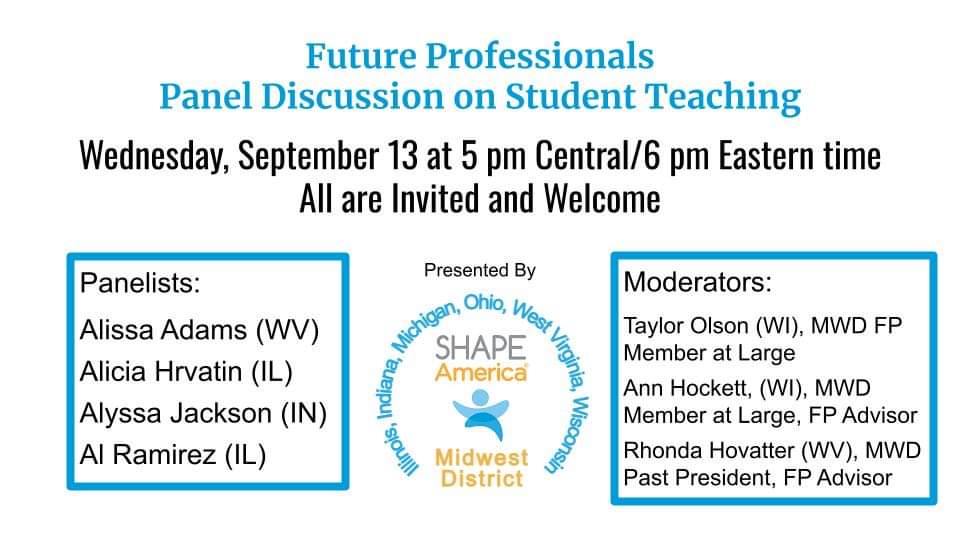 Had such a great time tonight with everyone on the <a href="/ShapeAmericaMW/">SHAPE America Midwest District - SHAPE Midwest</a> Future Professionals panel discussion on Student Teaching! If you are in an undergrad #HPE program, this is worth a listen! Check out the Midwest page for the full discussion!