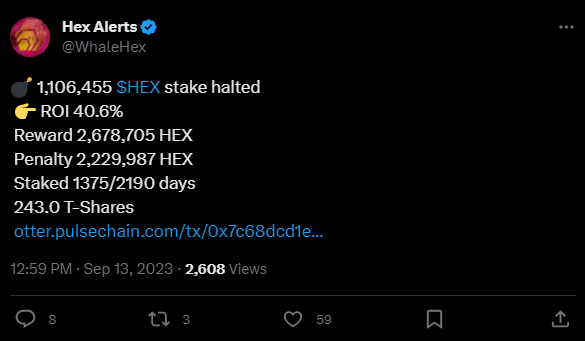 leet_juk's tweet photo. Owning just 1 T-share in 15 yrs from now will be an accomplishment. In the same way that owning 1 #Bitcoin is today.

To give you an example, here's a #HEX stake that was just ended prematurely... 

That person had 243 T-shares... If they were to re-stake again for another 2,190 days right now, they’d only get 82 T-shares this time around... 

The share rate ONLY goes up forever. It will always cost more $HEX to acquire 1 T-share tomorrow than it does today.📈

This is why it's so important to hold onto your shares for as long as possible... Only #5555club stakers will be flexing #Tshares 15 yrs from now... Everyone else will be taking out loans just to afford 1, just like they do now for 1 #BTC today! 😎