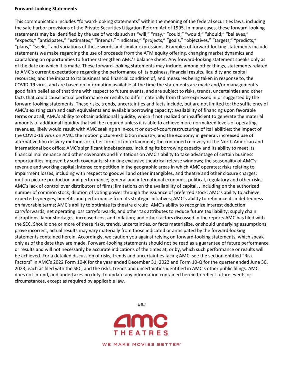 I am delighted to share this extremely important news with all of you. AMC has successfully raised $325 million of new equity capital through the issuance of 40 million shares via our at-the-market equity raise, which started September 6 and which now has been completed.This…