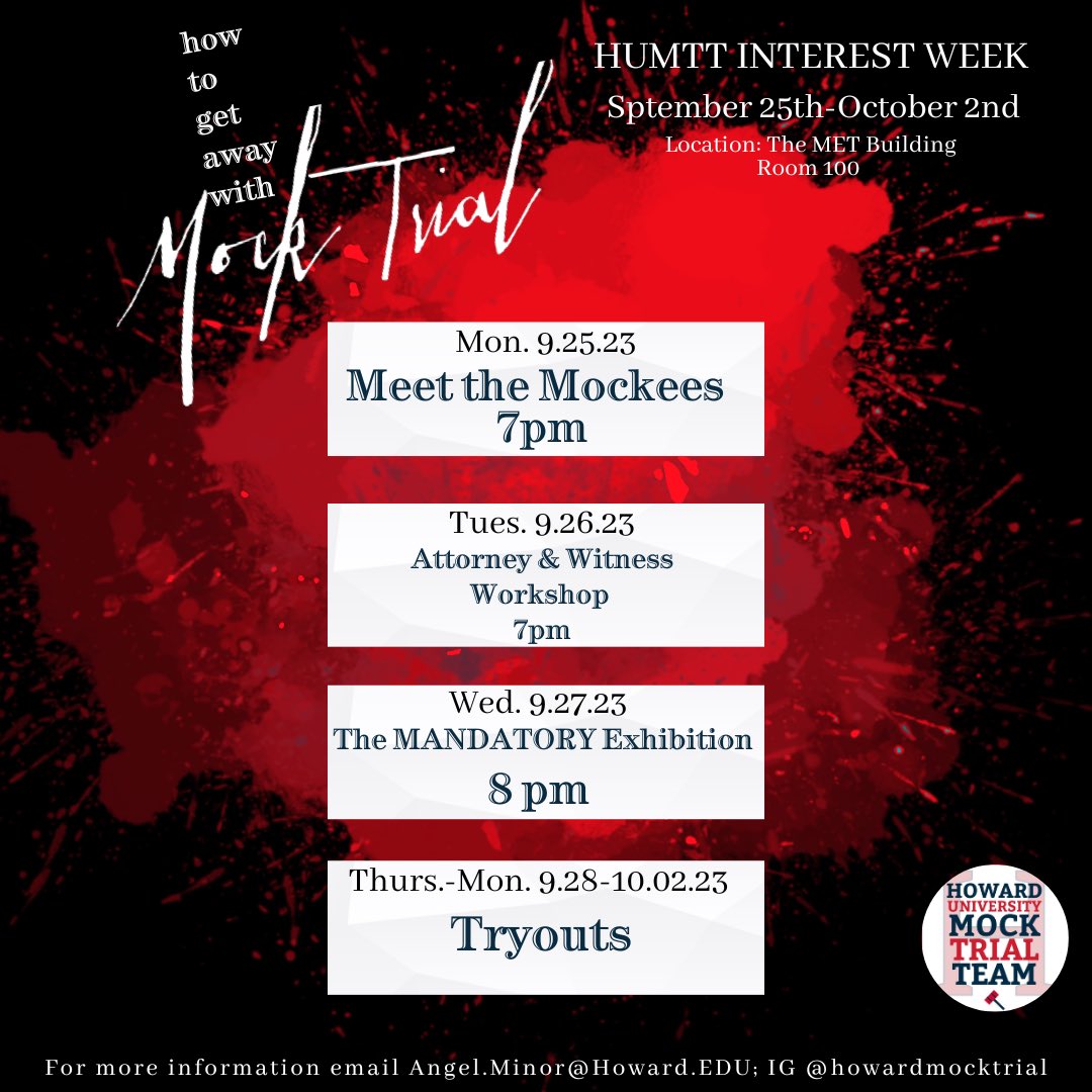 The Howard University Mock Trial Team is thrilled to announce our upcoming Interest week, how to get away with mock trial! We cannot wait to see everyone there! ❤️🤍

#howardmocktrial #htgawmt #hu24 #hu25 #hu26 #hu27 #howarduniversity