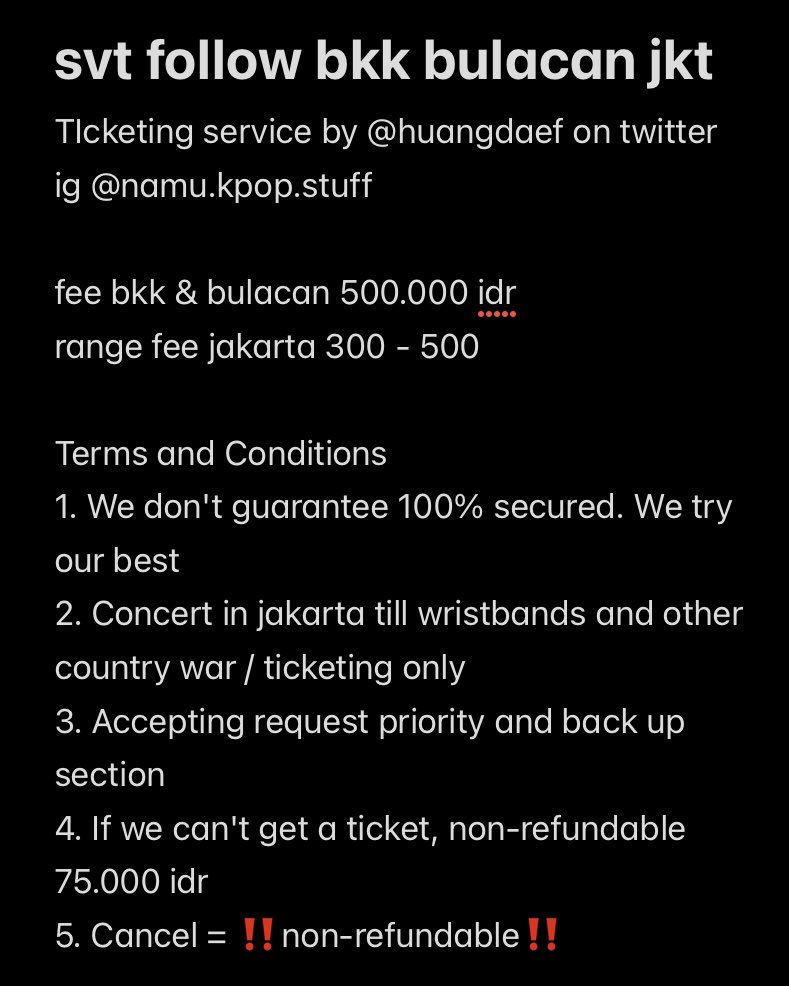 huangdaef's tweet image. TICKETING SERVICE ❤️‍🔥‼️

JASTIP TIKET SEVENTEEN FOLLOW TO BANGKOK BULACAN JAKARTA

update slot jkt ❌❌❌❌❌❌❌❌❌❌❌❌❌❌❌❌✅✅✅✅

💵 booking slot 100.000 idr (inc fee)
— experienced ticketing concert in 🇮🇩🇰🇷🇸🇬🇲🇾🇦🇺🇹🇼🇩🇪
— my team 60++ people
— transactions by bca/wise