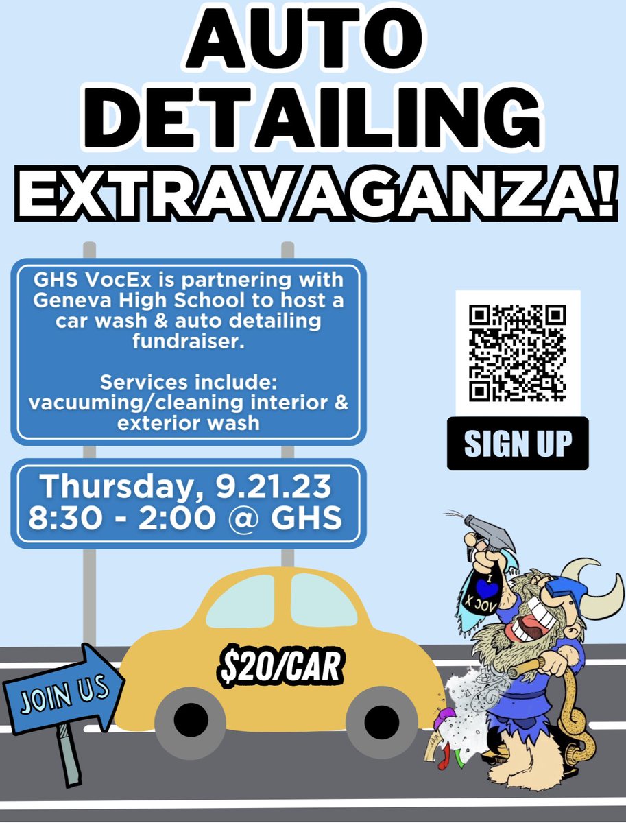 GHS VocEx Program is partnering with GHS to host an Auto Detailing Extravaganza! Sign up to join Geneva admin, staff, and students on 9/21 from 8:30-2 to have your car cleaned for $20. Money raised will go to organizations that benefit individuals w/ special needs &amp; their family