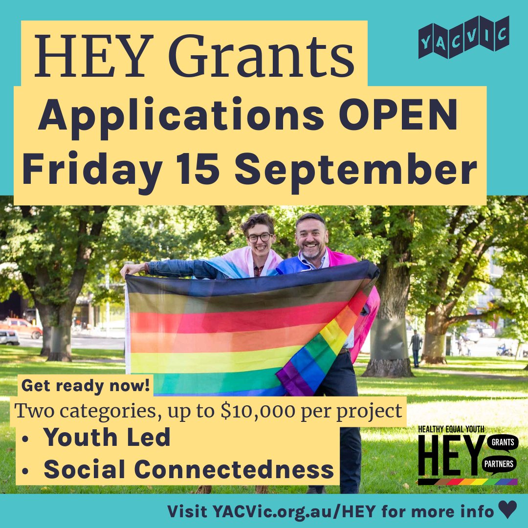 Round 13 HEY Grants open TOMORROW 15 Sept 📣🎉

HEY grants are for projects and initiatives that support the mental health and wellbeing of LGBTQIA+ young people. Each project can apply for up to $10,000 💸

Register for our grant writing info session 👉 bit.ly/3rcOk3F