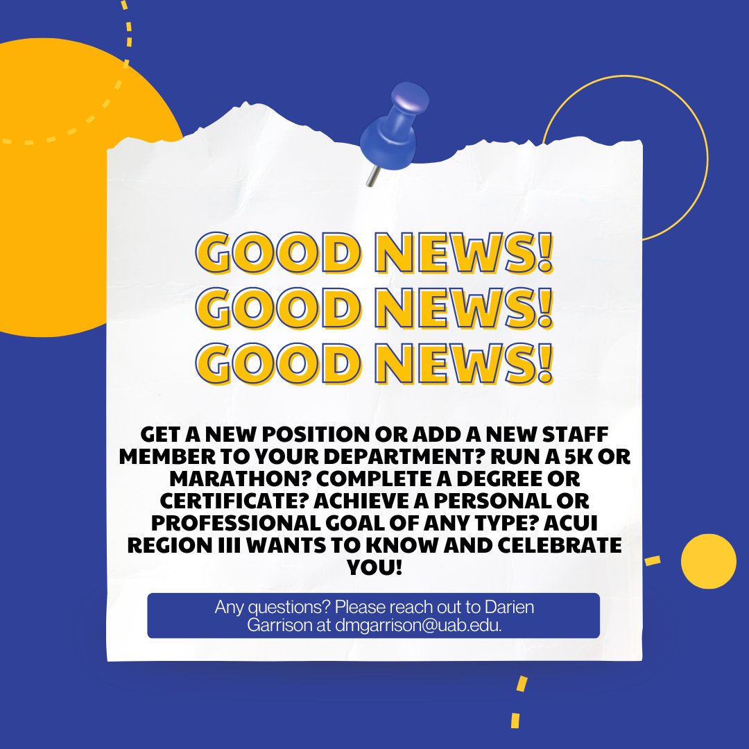 ACUIRegionIII's tweet photo. Got good news to share? Please utilize the form at https://t.co/EaJdA6GvLu to share the "good happenings" taking place in the lives of you and your colleagues. Any submitted accomplishments may be shared on ACUI Region III social media platforms and newsletters. https://t.co/LrBziWWodP
