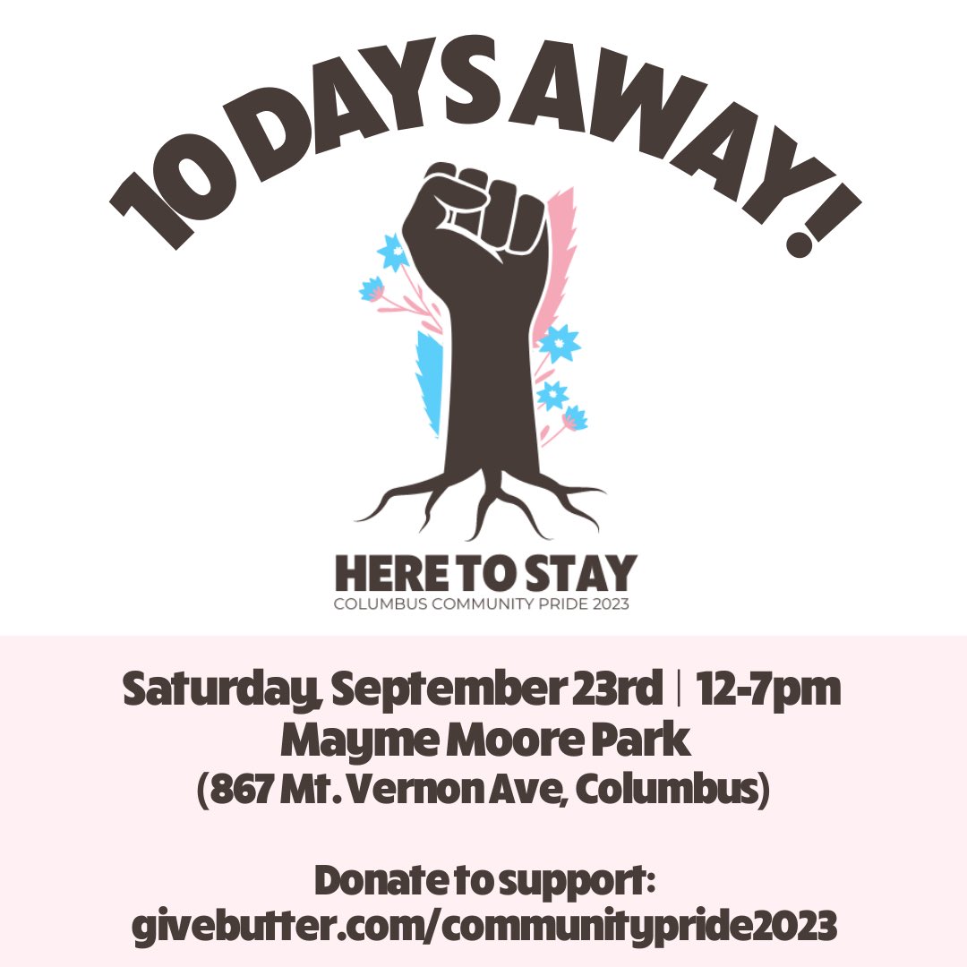 We are 10 days away from our annual Columbus Community Pride festival!!! September 23rd at Mayme Moore Park 12-7pm, we would love to see y’all there ❤️ in the meantime we are still accepting donations so we can put on our entirely-grassroots operation givebutter.com/communitypride…